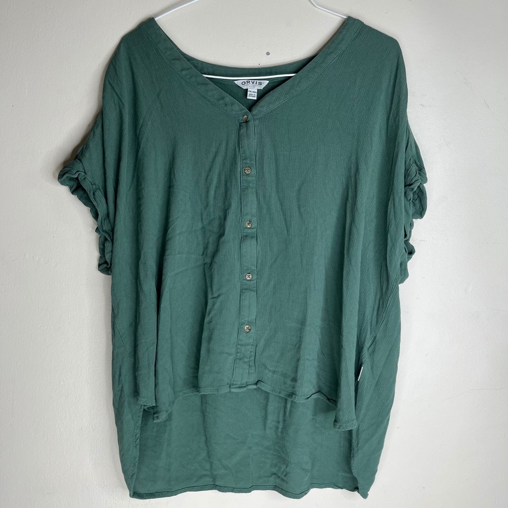 Orvis Blouse Womens XXL Green Rayon Short Sleeve Button Front High Low Top